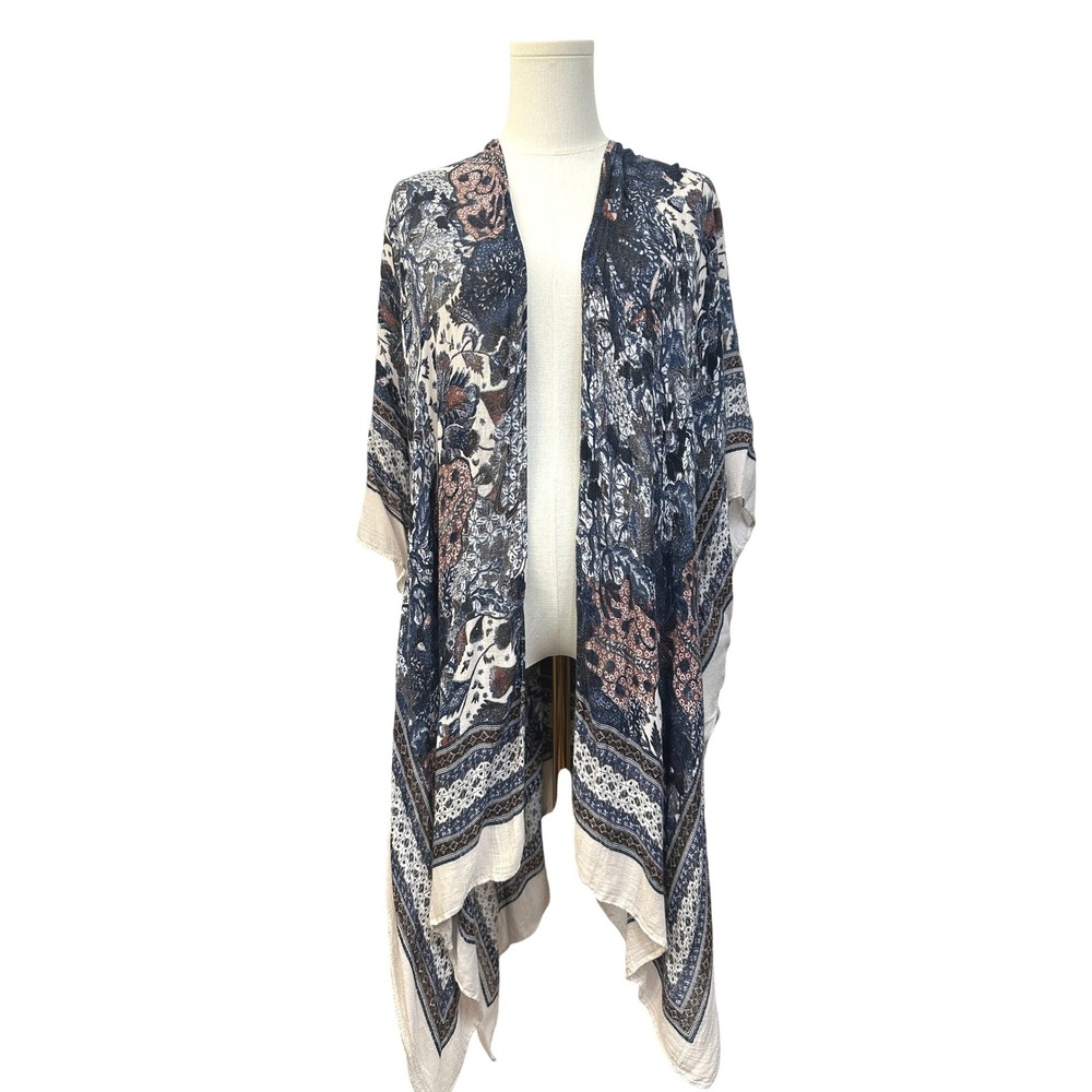 Blue Floral Paisley Boho Kimono Cardigan L-XL Open Front Wrap Gypsy Western - Picture 2 of 8